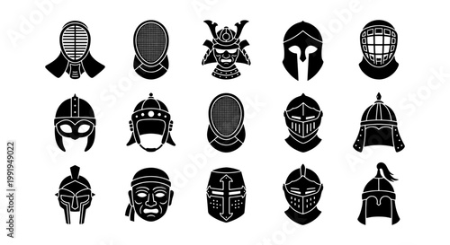 Medieval armor helmet icons set, 15 black vector silhouettes of ancient warrior headgear, knight and samurai protective gear for gaming and history