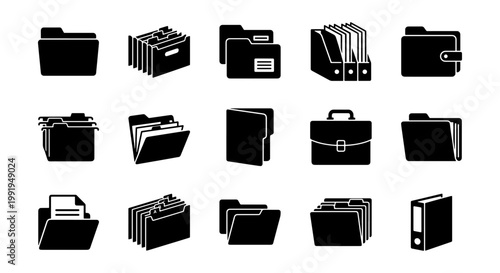 Black folder icon set, 15 office document storage and file management symbols, professional business archive and data organization vector collection