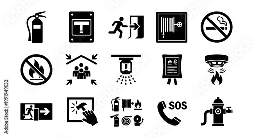 Fire safety icons set, emergency evacuation and fire protection symbols, 15 black vector signs for building security and hazard prevention