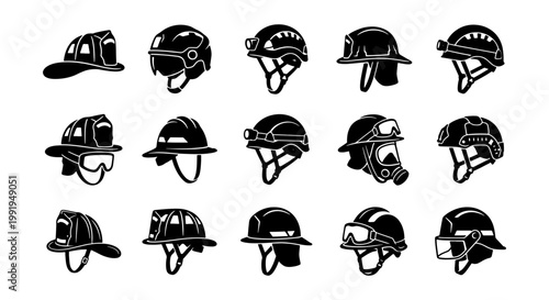 Protective helmet vector icons set, industrial safety hard hats and firefighter headgear collection, 15 black and white work safety equipment symbols
