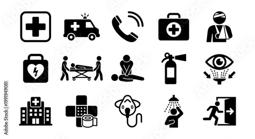 Medical emergency icons set, 15 black first aid vector symbols, hospital and healthcare safety signs for clinic signage and instructional manuals