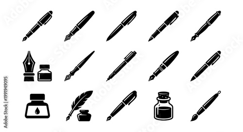 Vintage fountain pen and ink bottle icons, set of 15 black vector calligraphy tools, classic writing instruments and quill feather symbols