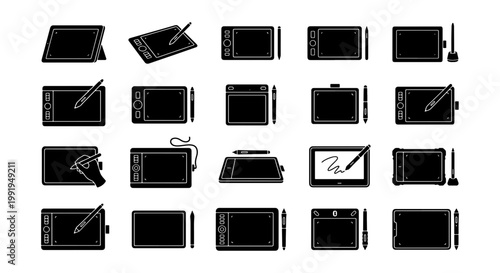 Graphic design tablet icons set, 20 digital drawing pad vector silhouettes, professional artist pen display and stylus collection for creative work
