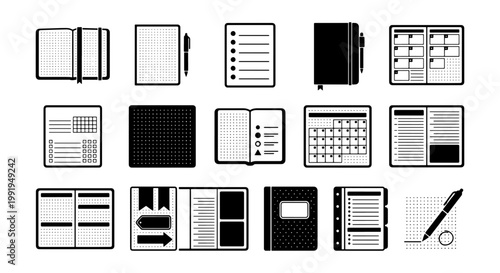 Minimalist notebook icons set, black and white planner vector collection, 15 stationery line symbols for schedule and productivity management