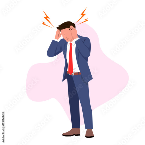 Businessman suffering headache stress migraine pain office worker flat vector illustration