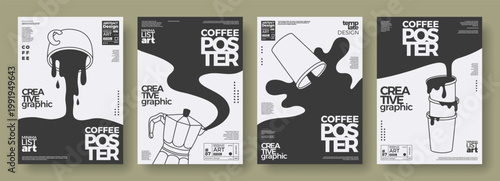 Coffee concept design. Outline posters set of cup, paper cups, coffeemaker. Abstract templates with spilling, flowing coffee. Trendy linear minimalist illustrations for wall art, cafe menu, coffeeshop
