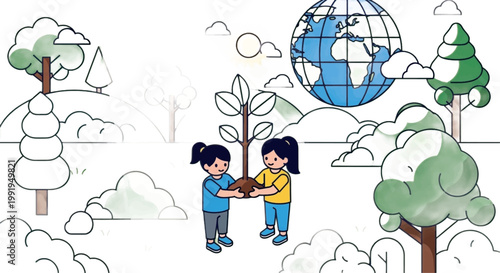 Eco friendly kids, planting tree, earth globe, environmental conservation, green planet, vector illustration