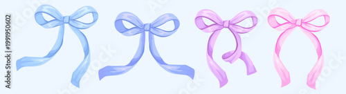 Pastel Blue, purple and Pink Ribbon Bow Set. Glossy Cute Satin Decorative Vector Collection