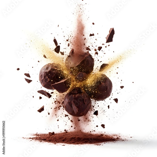 Exploding Dark Chocolate Truffles with Gold Dust, Isolated on White