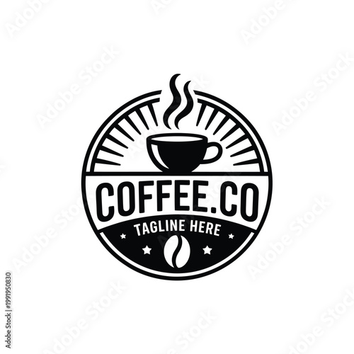 Black and white coffee logo with steaming cup and bold lettering