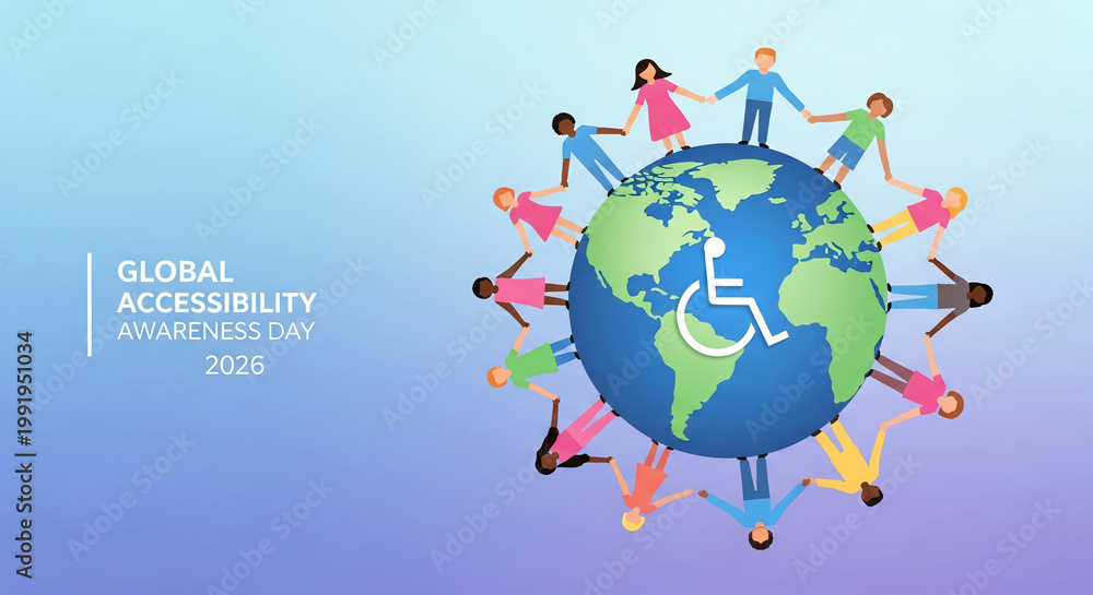 Naklejka premium Illustration of world globe encircled by diverse people, symbolising Global Accessibility Awareness Day, diversity, equality, inclusion and global partnership