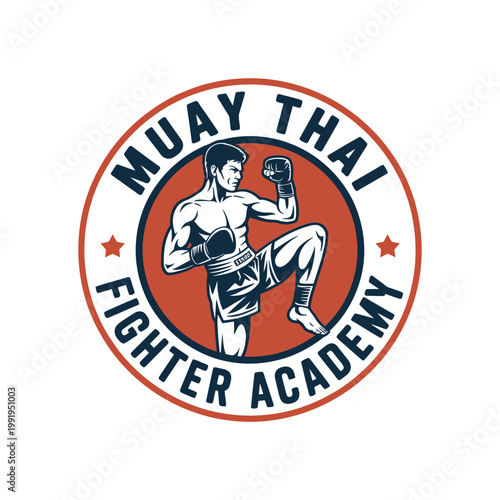 Muay thai fighter academy emblem with a dynamic action illustration