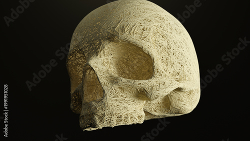 Skull dissolving imagery. Crumbling skull formed from grains against dark background