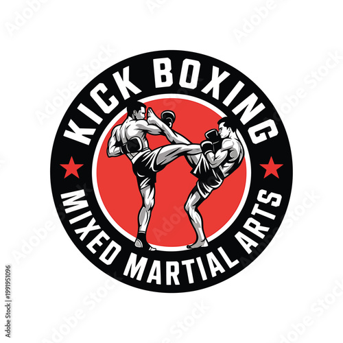 Kickboxing and mixed martial arts emblem with dynamic fighter illustration