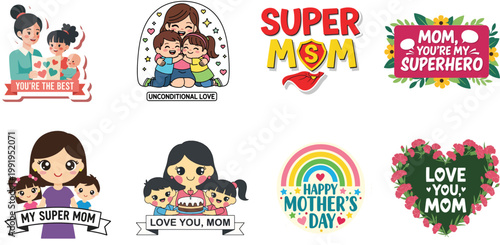 Mothers day sticker set with cute cartoon family characters and heartwarming typography collection.
