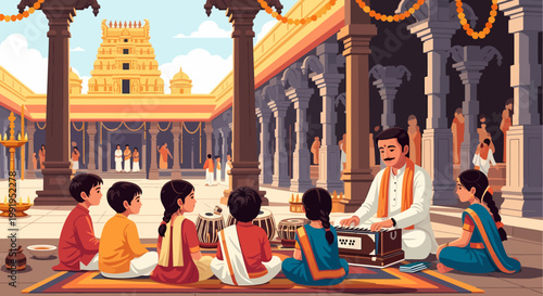 Guru teaching students in traditional Indian setting