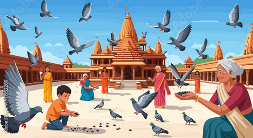 People feeding pigeons in a temple courtyard