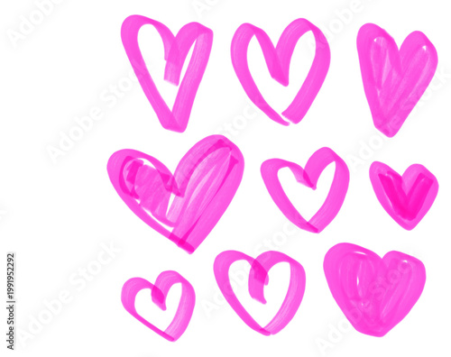 Cute pink marker hearts set. Hand drawn imperfect love doodles on grid notebook background. Messy sketch hearts collection for Valentine, stickers, planner and social media. Isolated vector elements