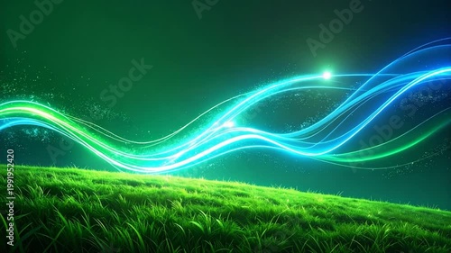Lush green grass under wavy, glowing blue and green streaks against a gradient background