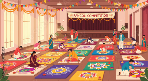 People participating in a vibrant Rangoli competition, showcasing traditional Indian art and cultural celebration.