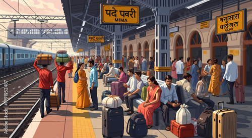 Passengers waiting on a busy Indian railway platform with luggage