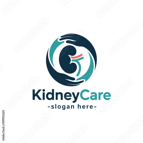 Kidney care logo featuring hands cradling a kidney within a circular design
