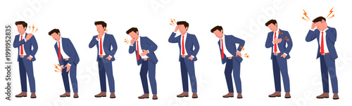 Businessman suffering from various pain symptoms set health problem concept vector