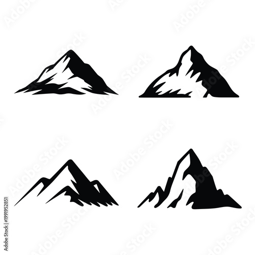 Four stylized mountain peak illustrations in black and white