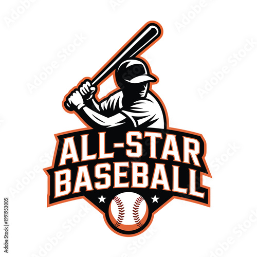Vintage all star baseball logo featuring a batter and baseball graphic