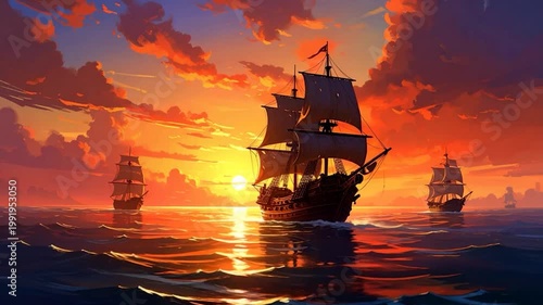 Sailboats sail on the ocean at sunset. The sky is full of orange and red clouds. The sun is setting