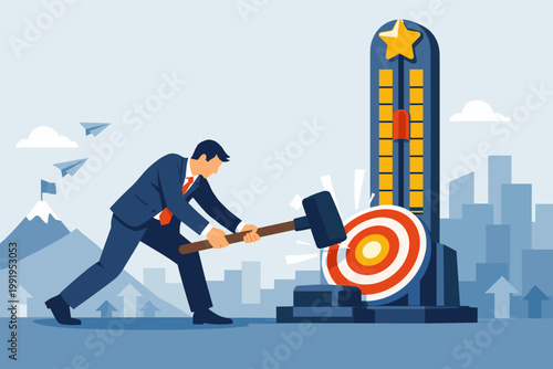 Businessman Hitting a High Striker Strength Tester Machine with a Large Hammer to Reach the Top Goal, Concept of Business Success, Achievement, Ambition, and Reaching High Targets in Career