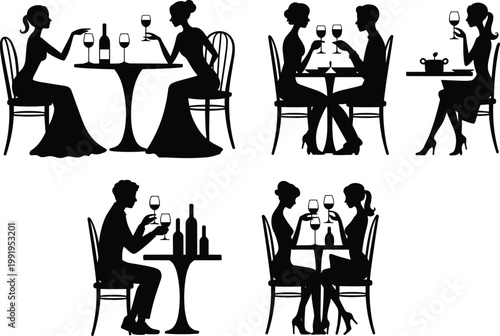 Dining silhouettes, people at tables, wine glasses, social interaction, elegant lifestyle, restaurant scene, café culture, communication, drinks sharing, human connection
