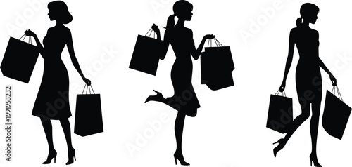 Fashion shopping silhouettes, women holding bags, stylish retail scene, consumerism concept, elegant dresses, high heels, modern shoppers, lifestyle illustration, commerce