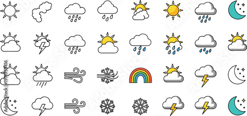 Comprehensive Weather Forecast Icon Set Featuring Colorful and Line Art Symbols for Sun Moon Rain Snow Thunder Wind and Rainbow for Meteorology Application Graphic Design