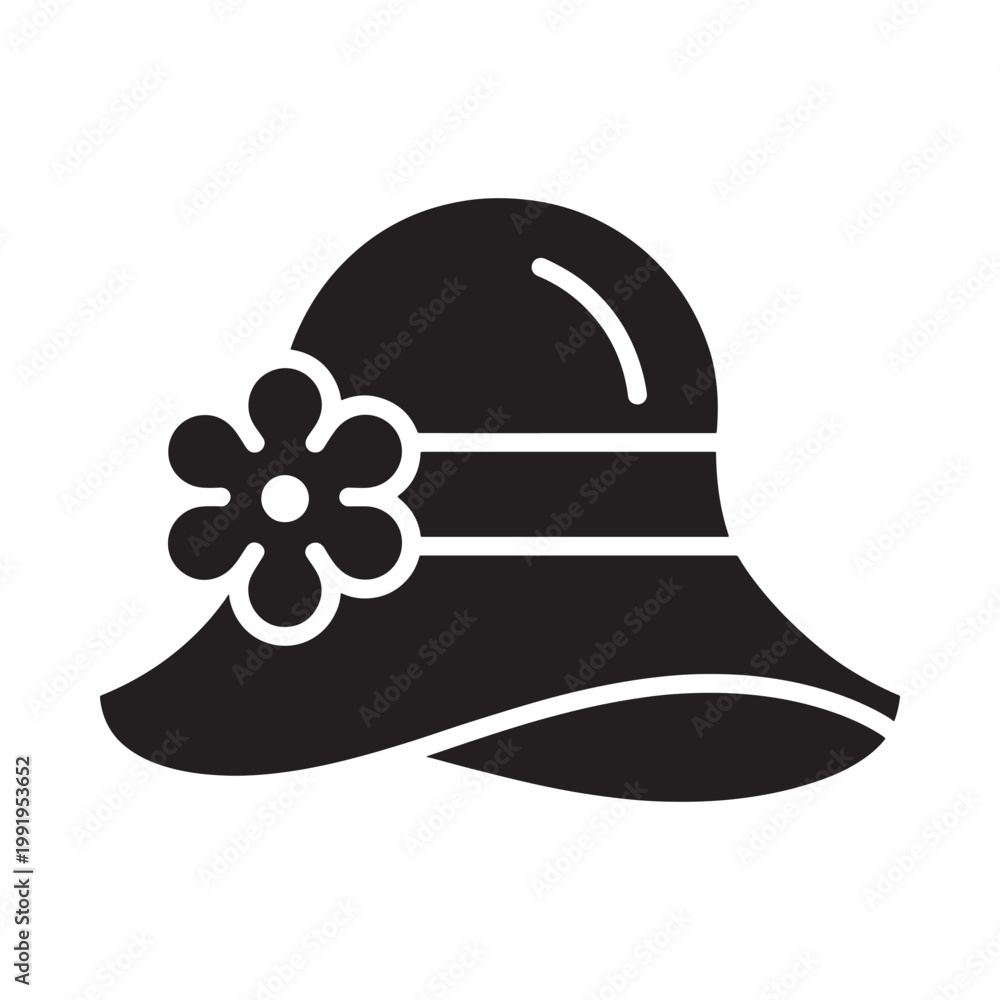 Fototapeta premium Simple black silhouette of a vintage women s cloche hat with floral detail