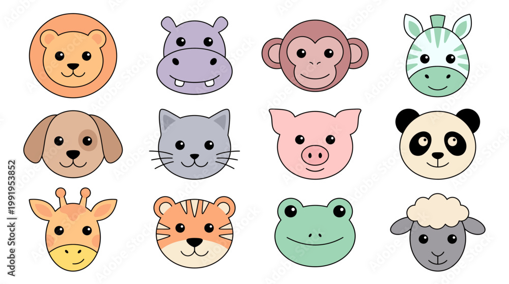 Fototapeta premium Collection of twelve cute minimalist animal head icons including lion panda cat zebra tiger and giraffe, concept for nursery wall art, educational flashcards and children stationery