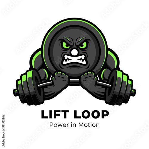 Angry cartoon weightlifter lifting dumbbells strong.