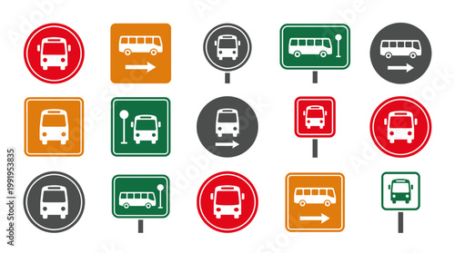 Collection of colorful bus stop and public transport road sign icons in flat vector style, concept for urban navigation infographics, traffic safety education and passenger commuting apps