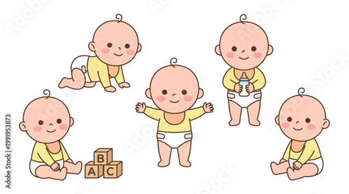 Cute baby characters in various activities like crawling, sitting with blocks and holding a bottle, concept for childcare education, pediatric healthcare marketing and nursery decoration