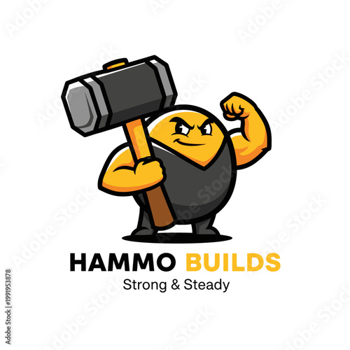 Cartoon character with large hammer flexing.