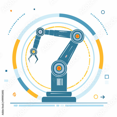 デジタル要素を備えた近未来的なロボットアームのフラットイラスト