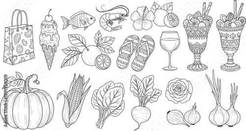 Hand Drawn Sketch Style Food and Lifestyle Icon Set Featuring Vegetables Fruits Seafood Ice Cream and Summer Accessories for Healthy Living and Restaurant Graphic Design