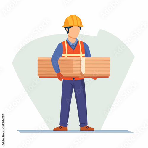 重い資材を運ぶ男性作業員のフラットイラスト