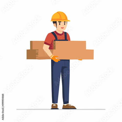 重い資材を運ぶ男性作業員のフラットイラスト