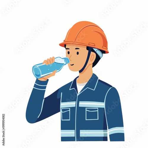 水分補給をする男性作業員のフラットイラスト（アップ）