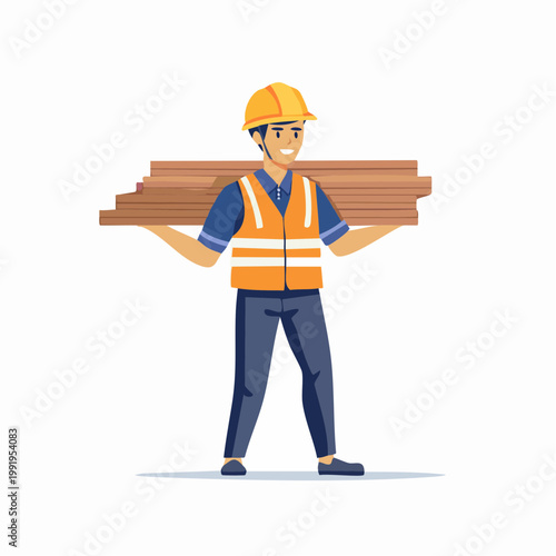重い資材を運ぶ男性作業員のフラットイラスト