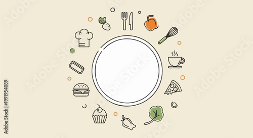 A circle surrounded by icons of food, kitchenware, and beverages on a light background