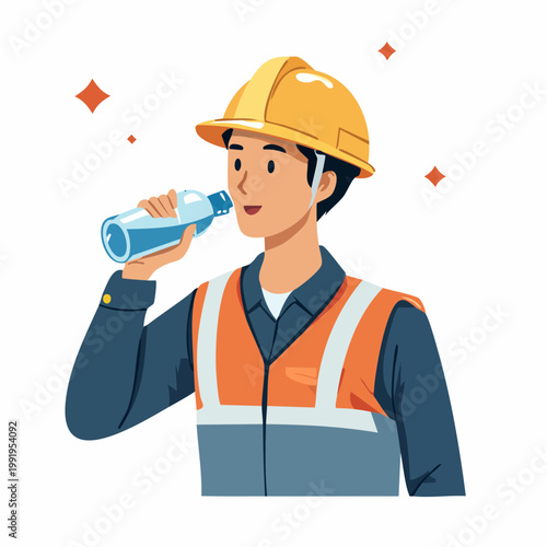 水分補給をする男性作業員のフラットイラスト（アップ）