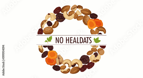 A circular arrangement of assorted nuts and dried fruits frames the text "NO HEALDATS" with leaves