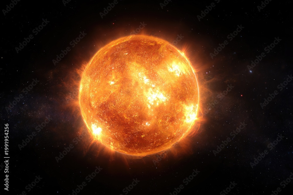 Fototapeta premium Fiery celestial sphere glows intensely, emanating plasma flares and solar wind into space